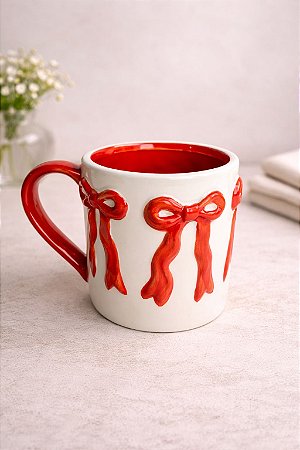 Caneca laço branco e vermelho