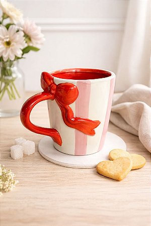 Caneca laço branco e vermelho