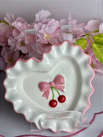 Prato de pão coração decorativo cereja branco e rosa