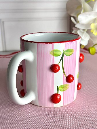 Caneca artesanal cereja listra rosa