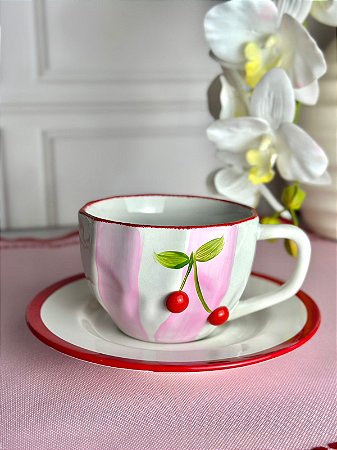 Xícara com pires artesanal cereja listra rosa