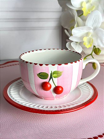 Xicara com pires artesanal cereja listra rosa