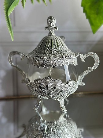 Potiche jarra metal e vidro prata