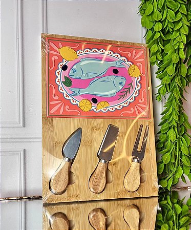 Jogo de facas p/ queijo e tábua cerâmica