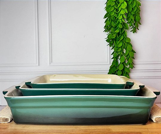 Conjunto travessa ret cerâmica verde