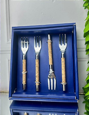 Conjunto 4 garfos petiscos inox cabo cortiça