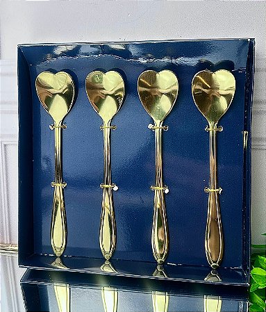 Conjunto 4 colheres aço inos p/ chá heart dourado