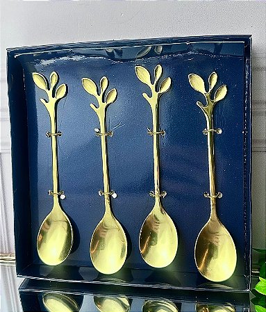Conjunto 4 colheres p/ chá leaves dourado