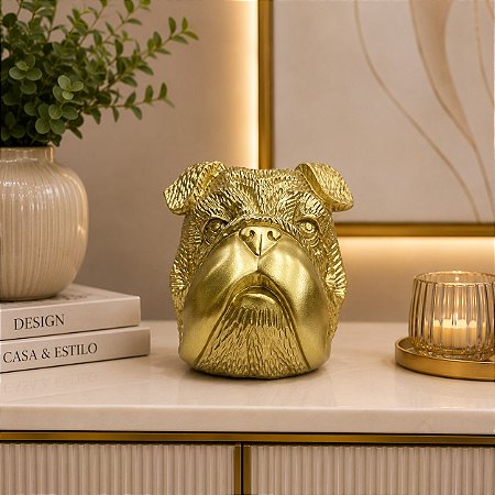 Escultura cabeça bulldog em resina