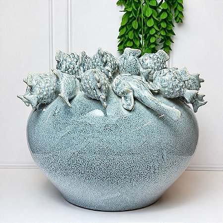 Vaso decorativo cerâmica relevo peixe bege