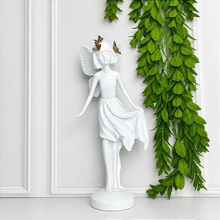 Escultura polirresina fada branco com dourado