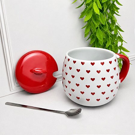 Caneca c/ tampa cerâmica c/ colher love 420 ml