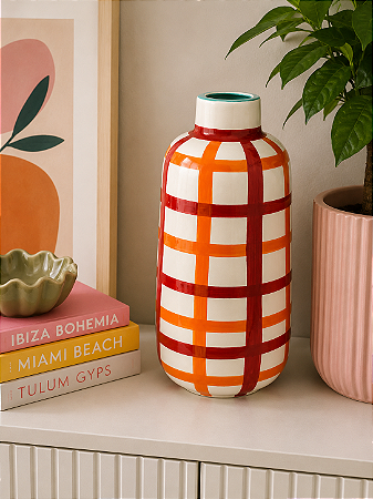 Vaso cerâmica listras laranja