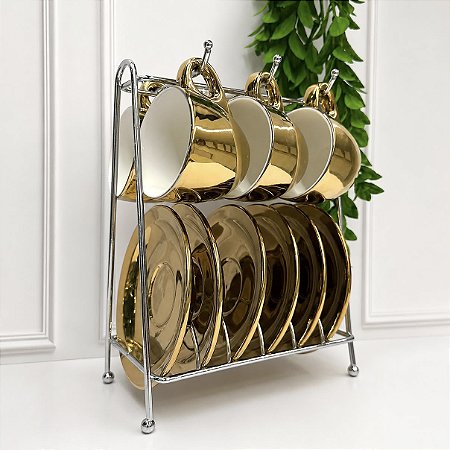 JG 12 Peças café chrominno c/ rack dourado