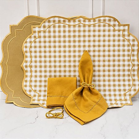 Kit mesa posta americano retangular quadriculado bege (compre por número de lugares)
