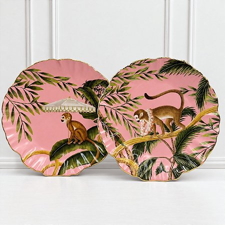 CJ 2 PRATOS DE SOBREMESA PLAYFUL MONKEYS ROSA