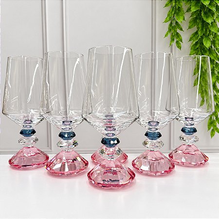KIT 6 TAÇAS 3 DIAMANTES CRISTAL - AZUL/ROSA