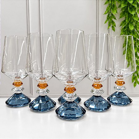 KIT 6 TAÇAS 3 DIAMANTES CRISTAL - AZUL/ÂMBAR