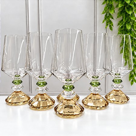 KIT 6 TAÇAS 3 DIAMANTES CRISTAL - VERDE/ÂMBAR
