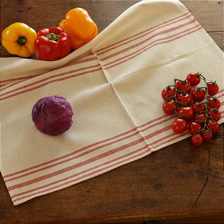Pano de Copa Eduarda Off White com Listra Vermelho - Algodão, 50x70cm