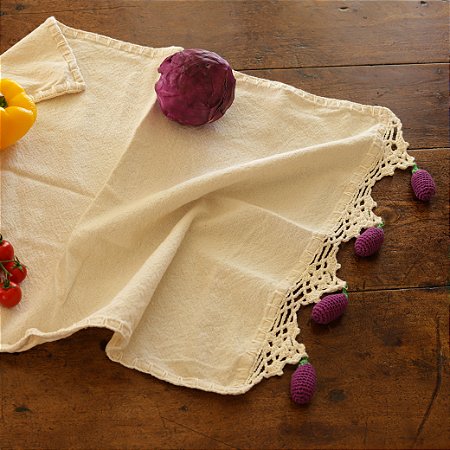 Pano de Copa com Barrado em Crochê e Apliques de Berinjela - Algodão, 40x60cm