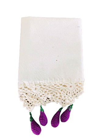 Pano de Copa com Barrado em Crochê e Apliques de Berinjela - Algodão, 40x60cm