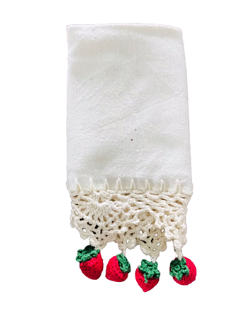 Pano de Copa com Barrado em Crochê e Apliques de Morangos - Algodão, 40x60cm