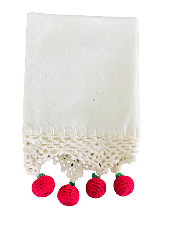 Pano de Copa com Barrado em Crochê e Apliques de Cerejas - Algodão, 40x60cm