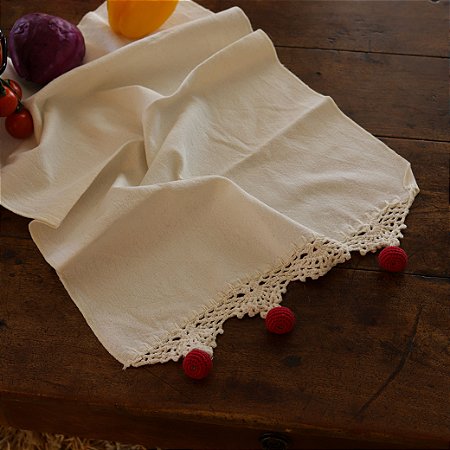 Pano de Copa com Barrado em Crochê e Apliques de Cerejas - Algodão, 40x60cm