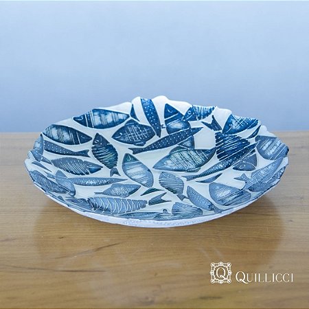 Prato Decorativo Peixes Pérola com Azul Fundo | Cerâmica