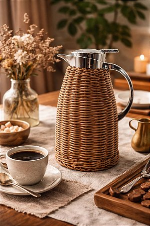 Garrafa Térmica 1,5L | Aço Inox com Detalhe Rattan Plástico Marrom