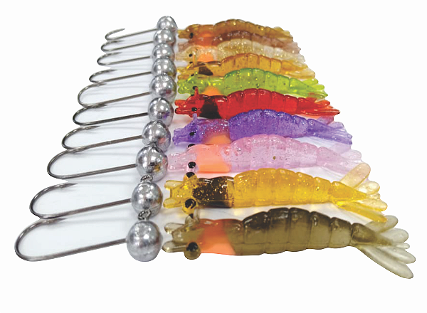 Camarão Artificial 6cm  Kit com 20pç - 10 camarões + 10 jigs promoção
