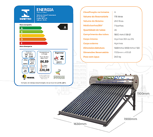Aquecedor Solar Acoplado - GOLD 20 TUBOS 240 litros INOX 304 ECOPRO