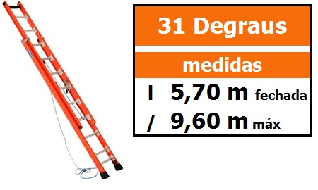 Escada Extensível Fibra Vidro Rebitada EAFR-31 altura 5,70 x 9,60 M - degraus redondos