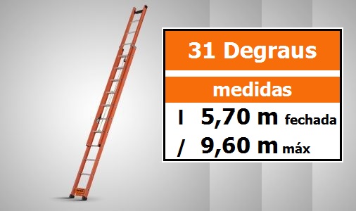Escada Extensível Fibra Vidro Vazada EAFV-31 altura 5,70 x 9,60 M - degraus redondos