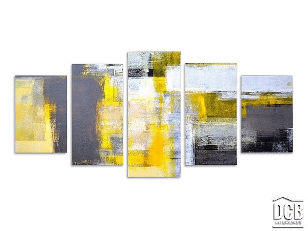 Quadro Abstrato Moderno 5 Telas Amarelo e Cinza 70x162 Centímetros