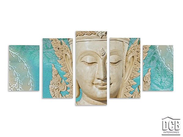 Quadro Buda Mosaico 5 Telas Azul Tiffany 70x162 Centímetros