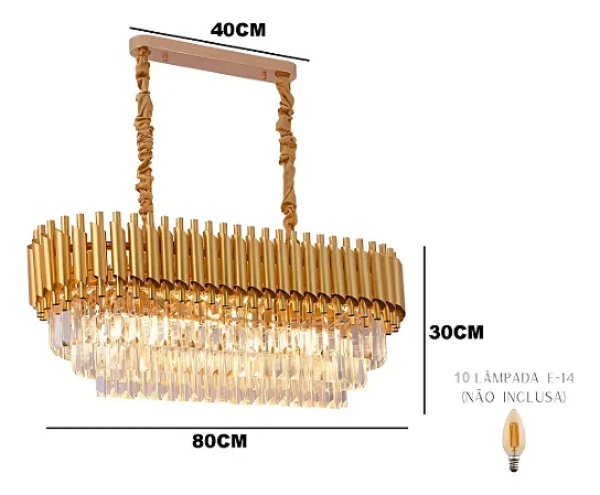 Lustre Pendente Moderno De Luxo Dourado Retangular Cristal L10 E14 Pé Direito Alto/duplo Sala/mesa Jantar