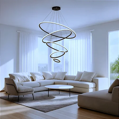 Lustre Pendente Moderno Led 5 Anéis Arcos Luxo Dimmer Bivolt