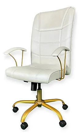 Poltrona Presidente Luxo Giratória Branca Com Base Dourada