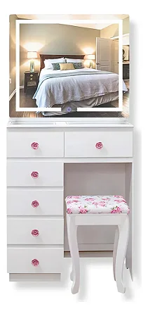 Penteadeira Make 70 Luxo Com Espelho Jateado Led, Corrediças Branco