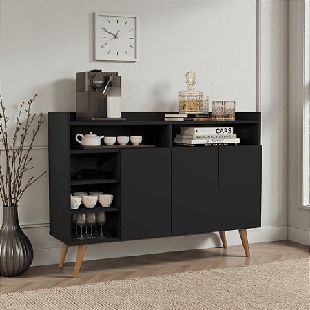 Buffet Aparador 3 Portas Nichos Retro Celta Preto