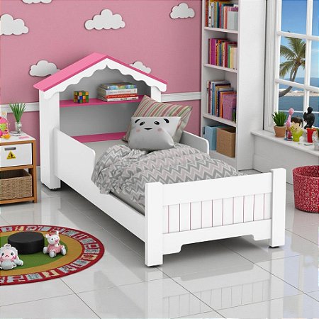 Mini Cama Infantil Casinha Montessoriana Branco Rosa