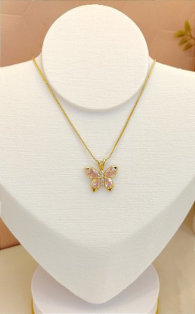Colar borboleta zircônia rosa