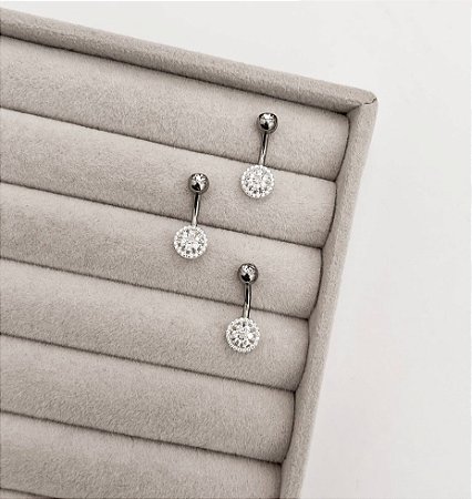 Piercing haste zircônia e flor com círculo cravejado 8mm umbigo - Haste em aço cirurgico e detalhe em prata