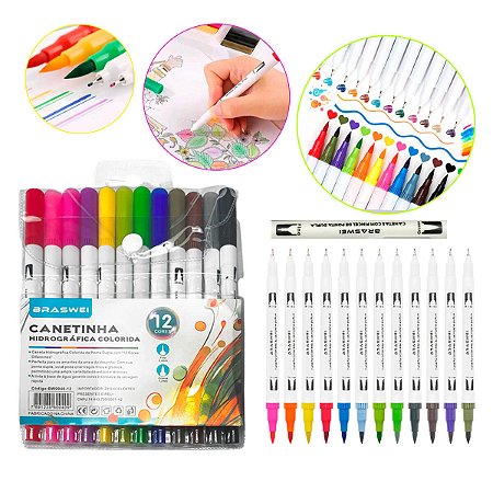 Caneta Marcador com Ponta Dupla Fina e Grossa Secagem Rápida 12 Cores