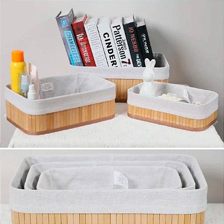 Kit 3 Cestos de Bambu Decorativos para Organização com Forro Removível