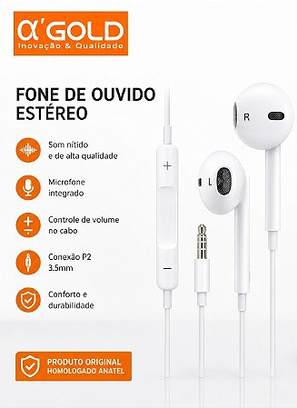 Fone de Ouvido A'Gold FN-A12 com Microfone P2 3.5mm Estéreo Alta Qualidade