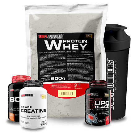 Kit Whey (500g) + (Creatina 100g) + (BCAA 100g) + 6Lipo Black (60 Cáps.) + Coqueteleira - Bodybuilders