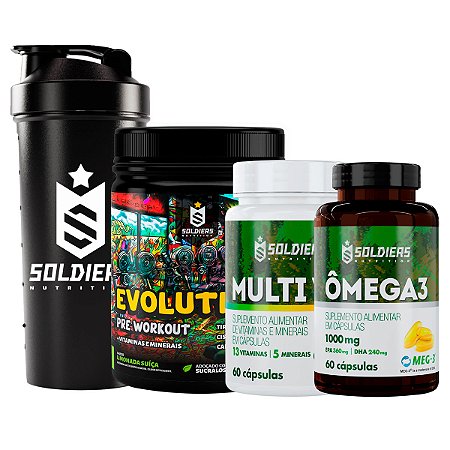 Kit 2x Ômega 3 + 2x Multivitamínico + 2x Pré-Treino Evolution (300g) + Coqueteleira Slim (Brinde) Soldiers